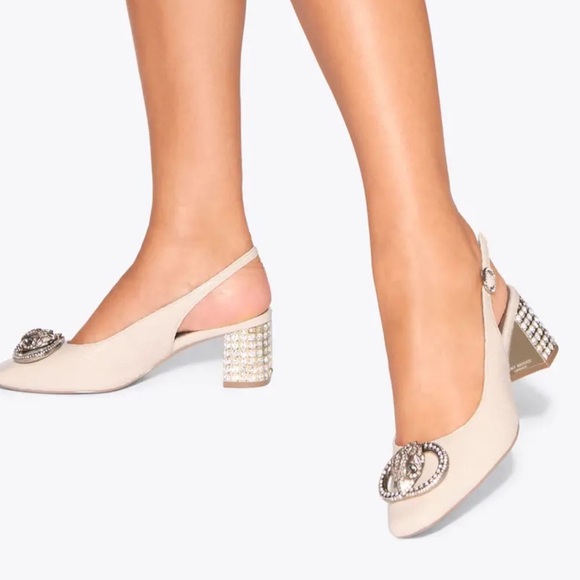 Shoes - Cream Slingback Heels with Embellished Block Heel